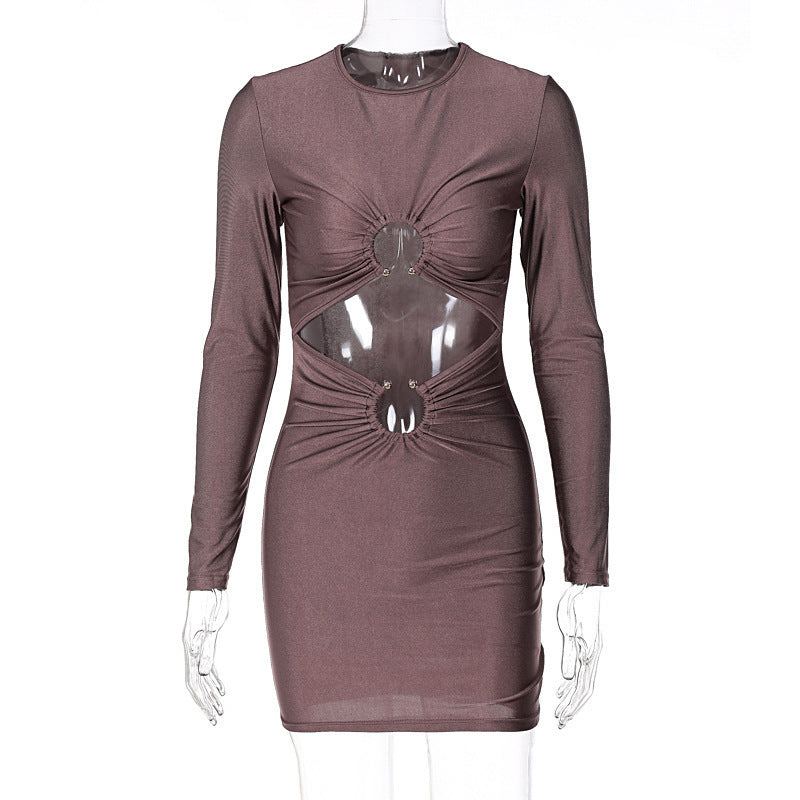 Skirt Slim Fit Midriff Outfit Metal Buckle Long Sleeve Short Dress